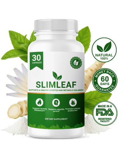 Slimleaf bottle with natural ingredient visuals and guarantee icons